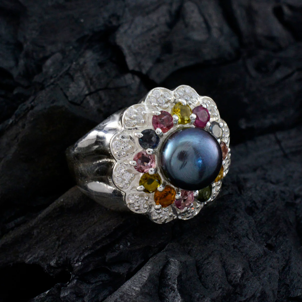 Multi Stone Halo French 925 Sterling Silver multicolor Gems Statement Cocktail Ring Jewellery - Image 4