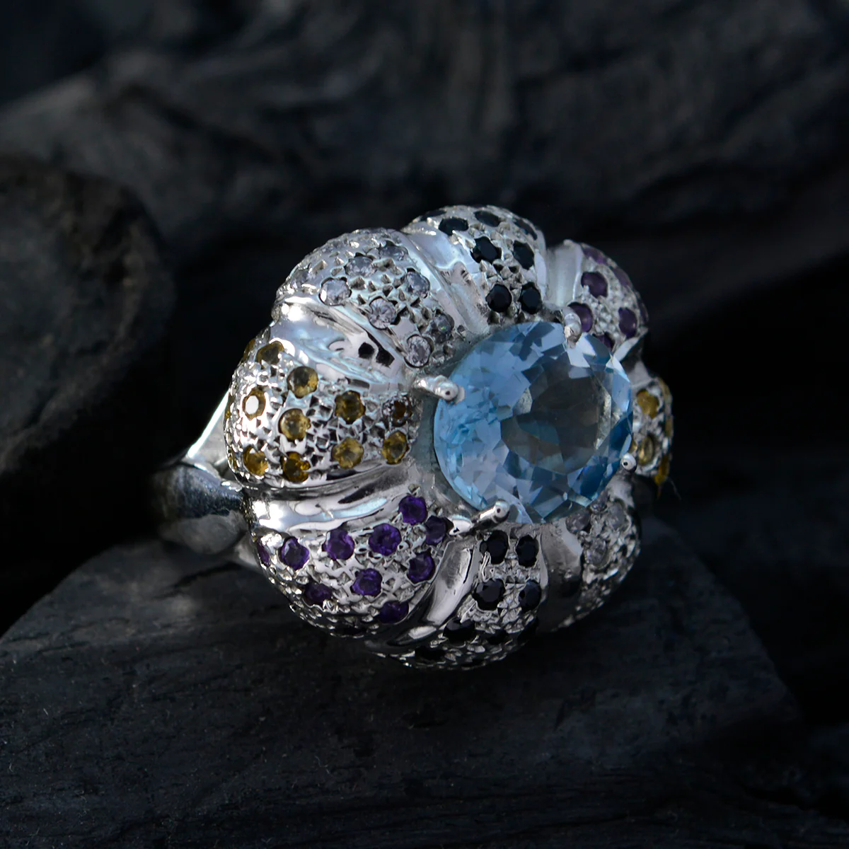 Multi Stone Halo French 925 Sterling Silver multicolor Gemstone Statement Cocktail Ring Jewellery - Image 5