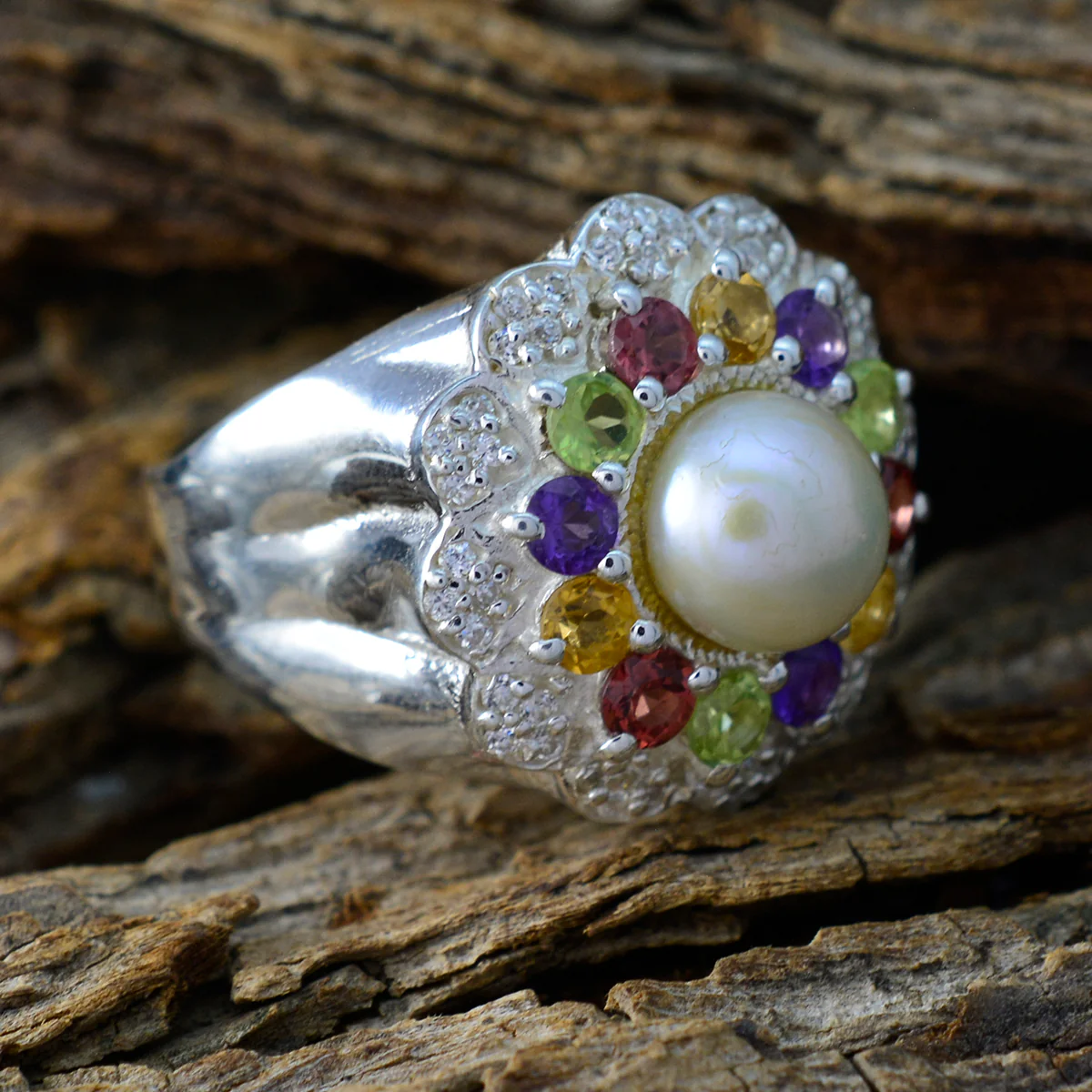 Multi Stone Halo French Silver multicolor Gemstone Statement Cocktail Ring Jewelry - Image 3