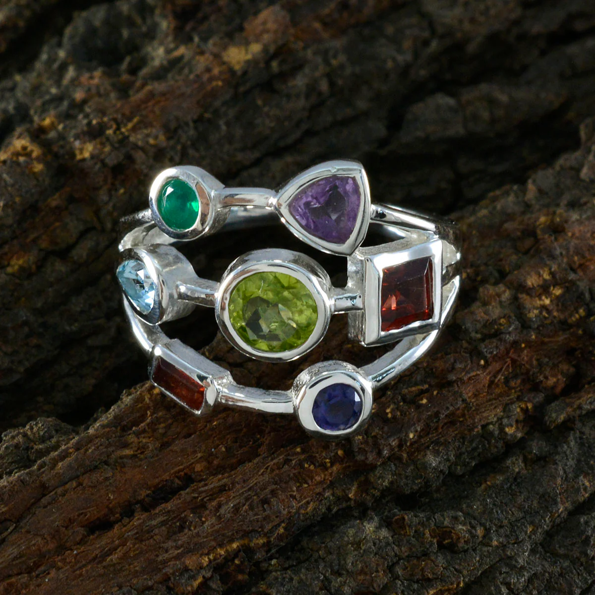 Multi Stone Hepta African Silver multicolor Gems Featherlight Abstract Ring Jewelry - Image 3
