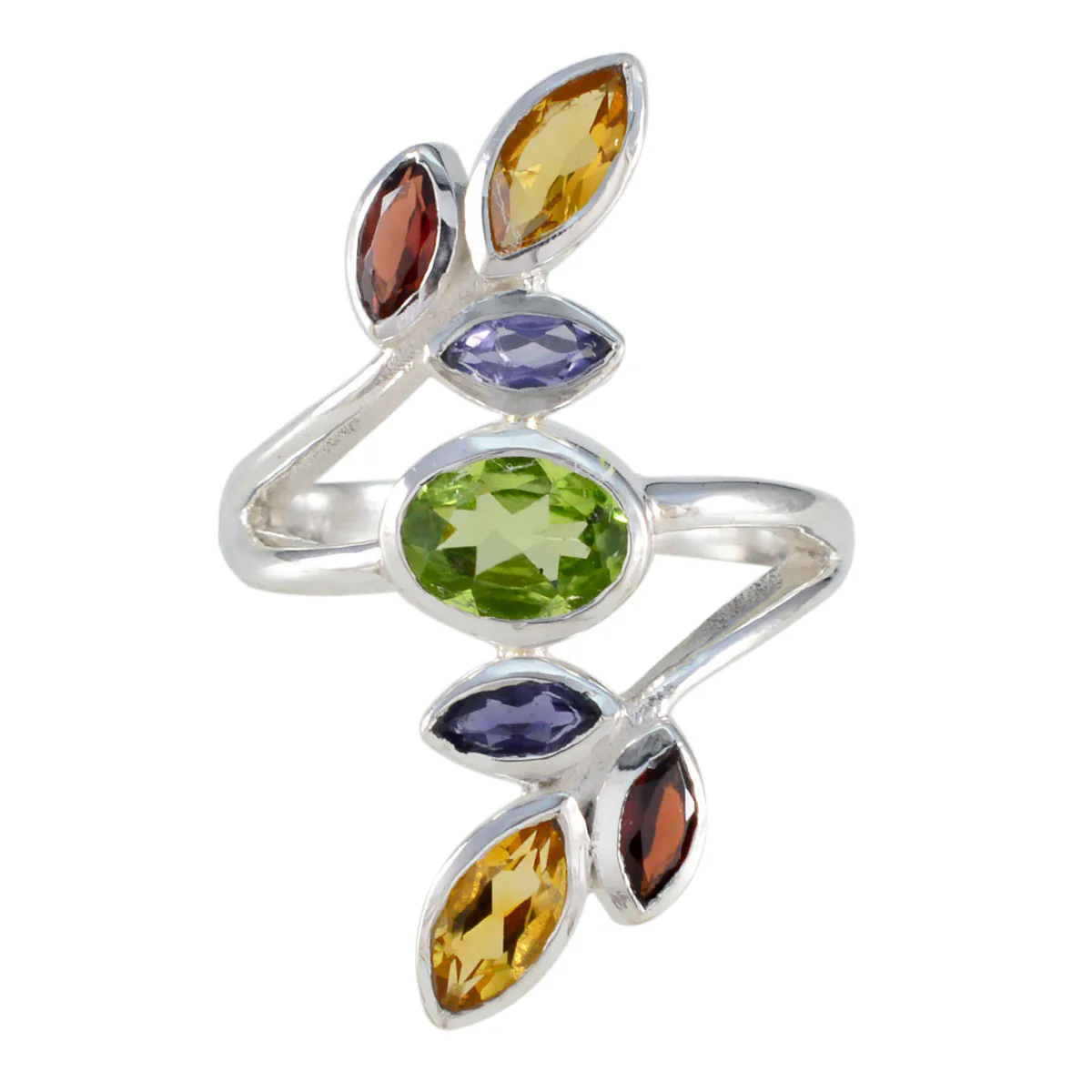 Multi Stone Hepta French 925 Silver multicolor Gemstones Mid-weight Cocktail Ring Jewelry