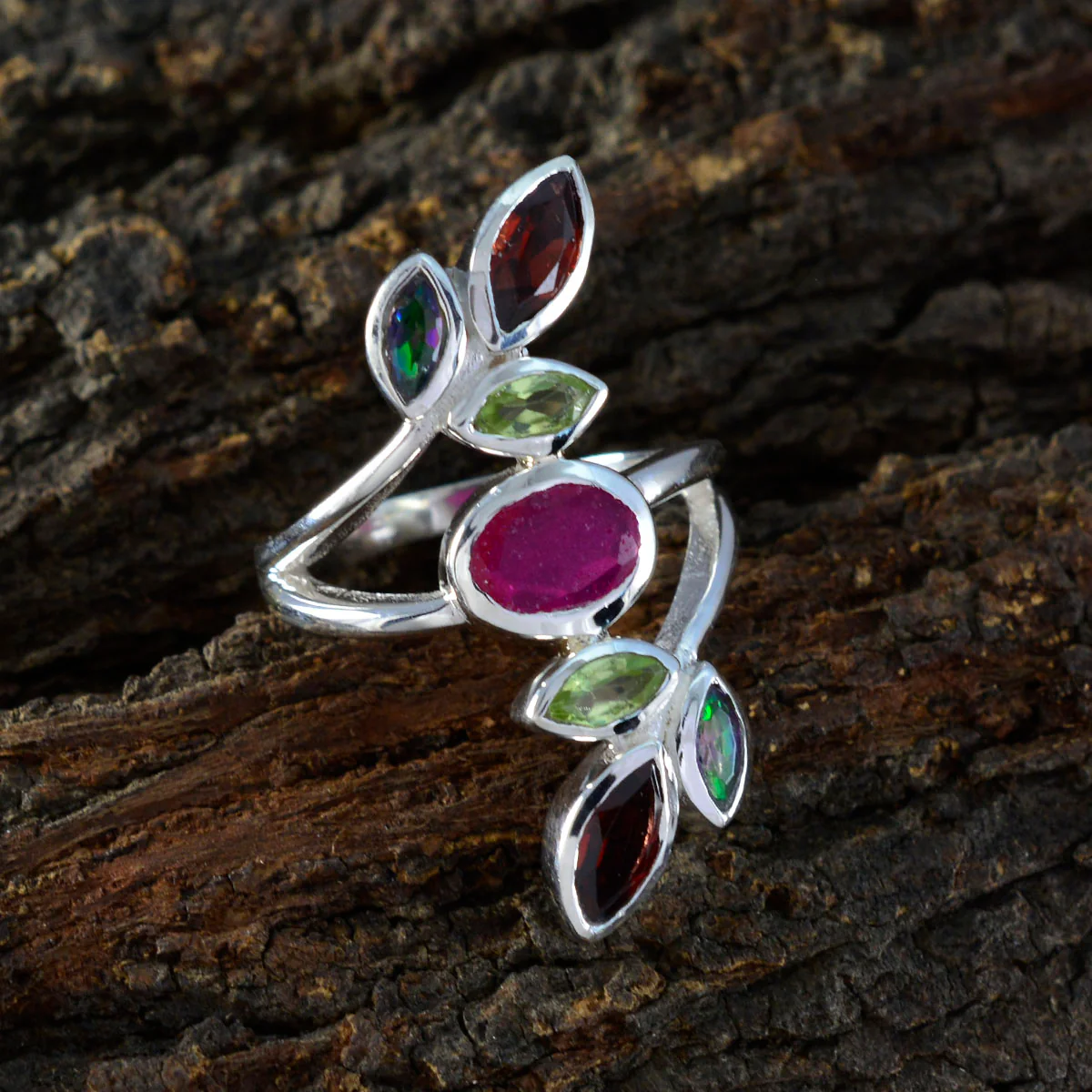 Multi Stone Hepta German 92.5 Silver multicolor Gems Mid-weight Cocktail Ring Jewellery - Image 3