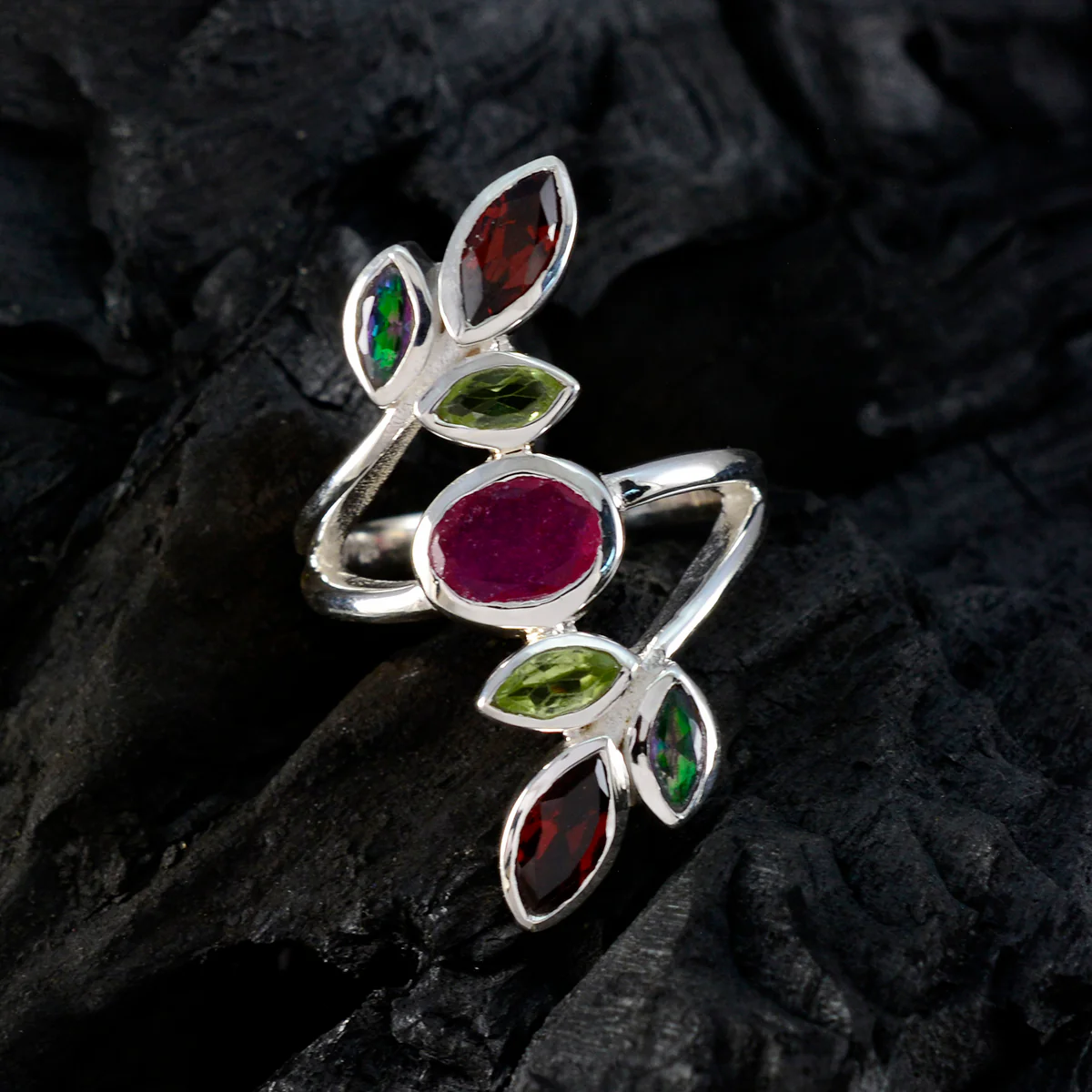 Multi Stone Hepta German 92.5 Silver multicolor Gems Mid-weight Cocktail Ring Jewellery - Image 4