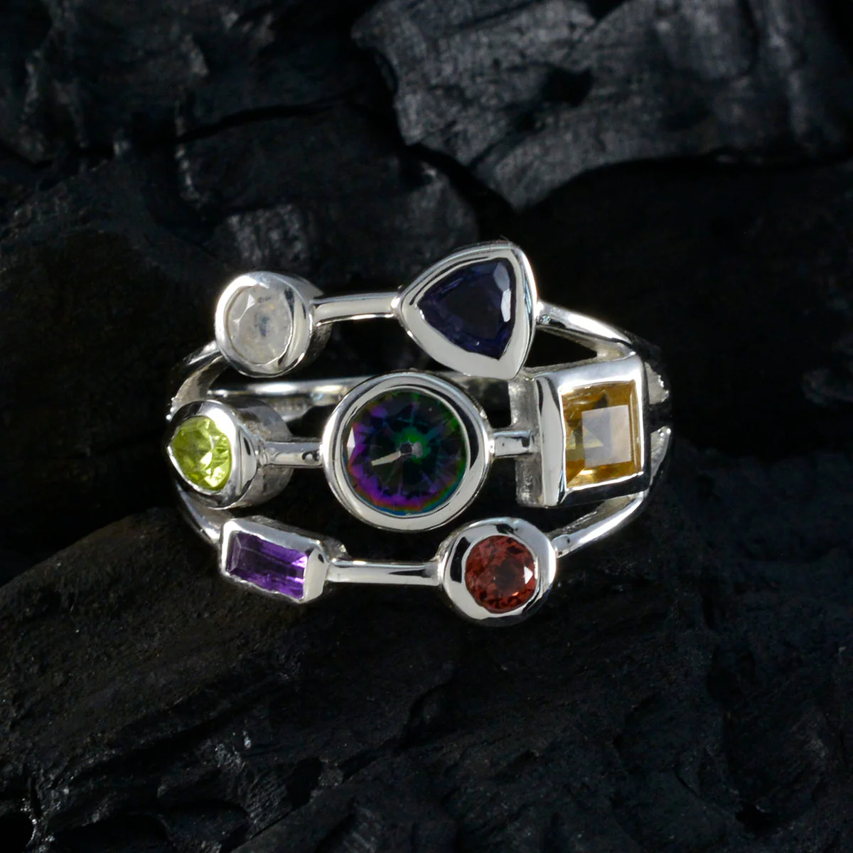 Multi Stone Hepta German Silver multicolor Gemstones Featherlight Cocktail Ring Jewellery - Image 4