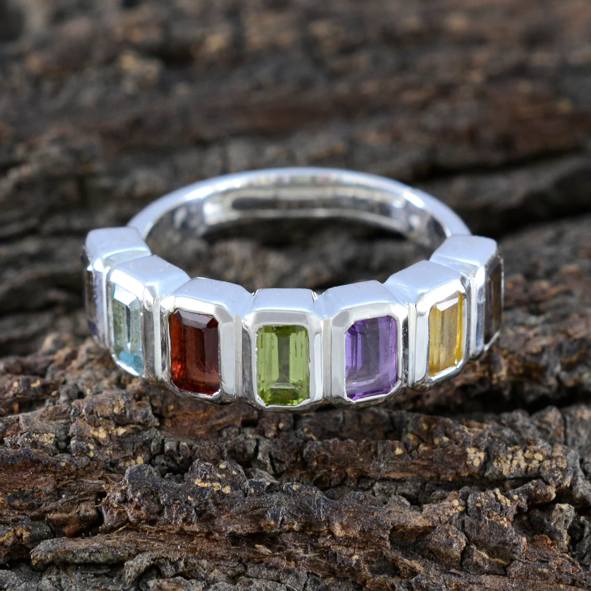 Multi Stone Hepta Indian 92.5 Silver multicolor Gemstone Featherlight Modern Band Jewellery - Image 3