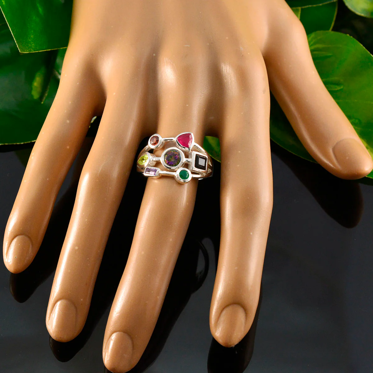 Multi Stone Hepta Moroccan 925 Silver multicolor Gemstones Featherlight Cocktail Ring Jewelry - Image 5
