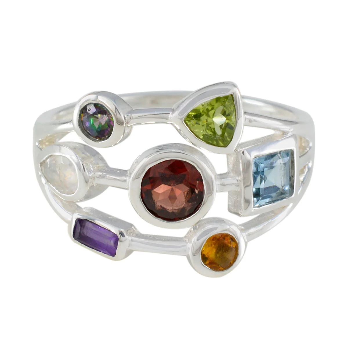 Multi Stone Hepta Russian Sterling Silver multicolor Gemstone Featherlight Cocktail Ring Jewellery