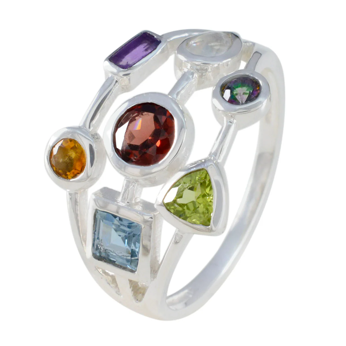Multi Stone Hepta Russian Sterling Silver multicolor Gemstone Featherlight Cocktail Ring Jewellery - Image 2