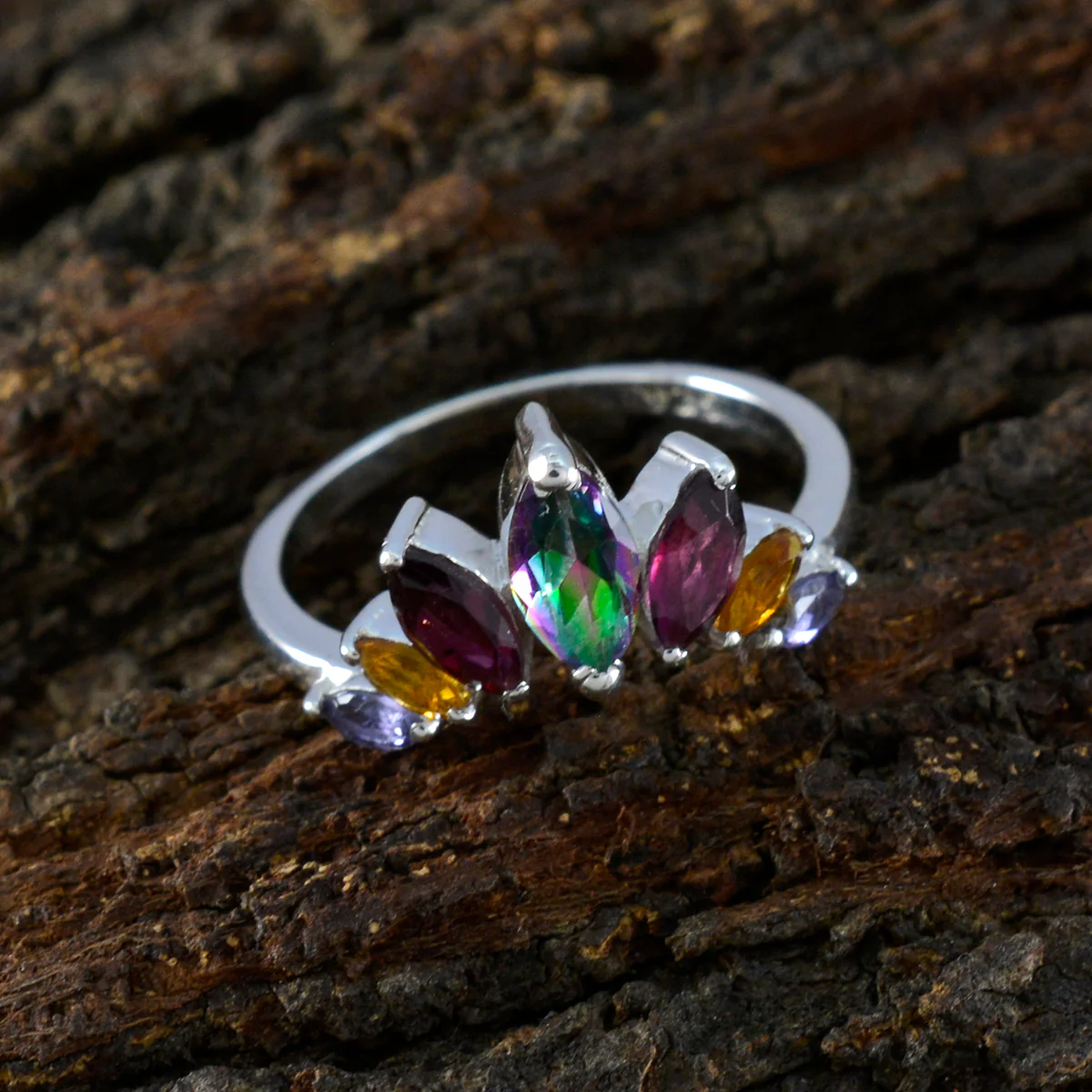 Multi Stone Hepta Turkish Sterling Silver multicolor Gems Dainty crown Ring Jewellery - Image 4