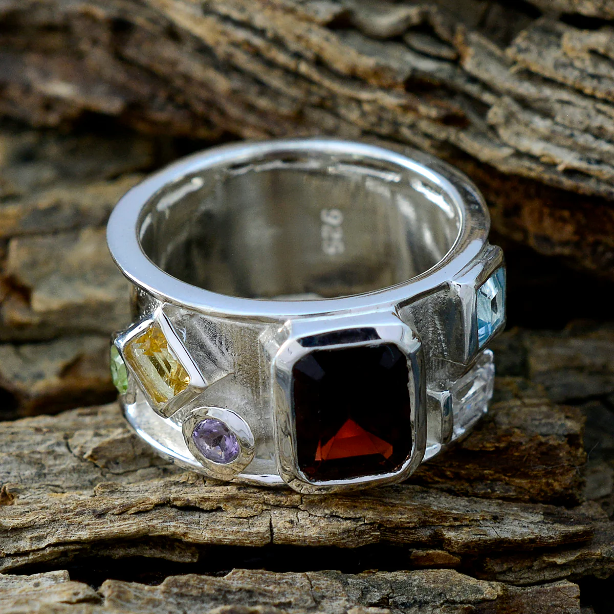 Multi Stone Hexa Egyptian 925 Sterling Silver multicolor Gems Essential Abstract Band Jewelry - Image 3