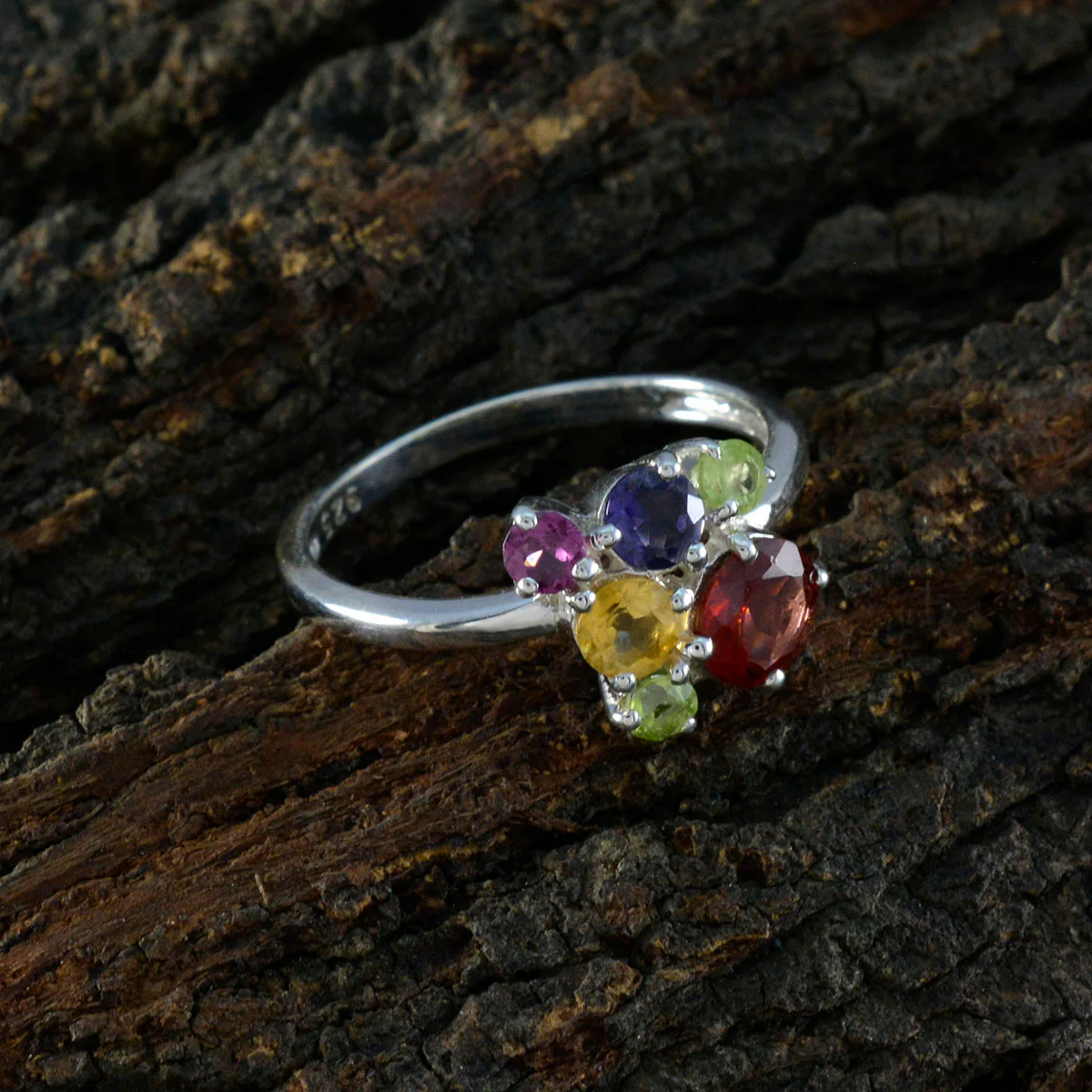 Multi Stone Hexa Japanese Silver multicolor Gemstones Whisper-thin Feminine Ring Jewellery - Image 3