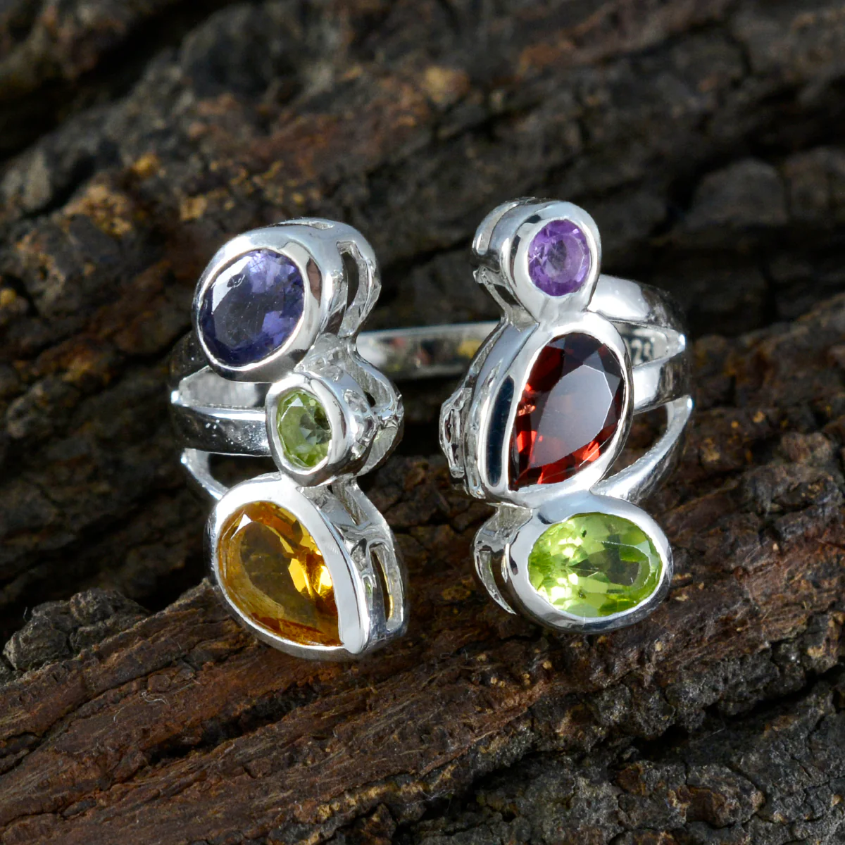 Multi Stone Hexa Moroccan Silver multicolor Gemstones Tiny Cocktail Ring Jewelry - Image 3