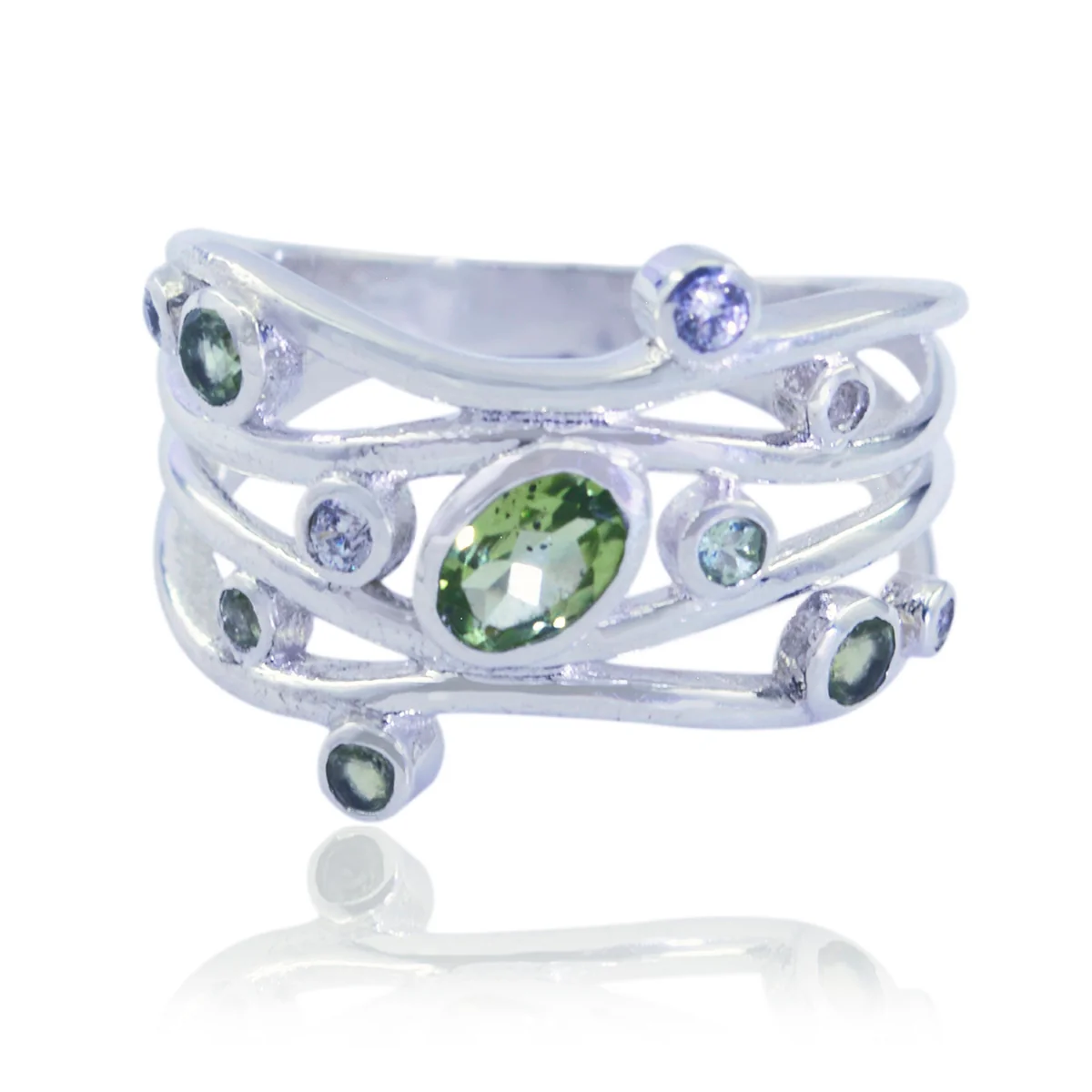 Multi Stone multiple African 925 Silver multicolor Gems Mid-weight Feminine Ring Jewelry