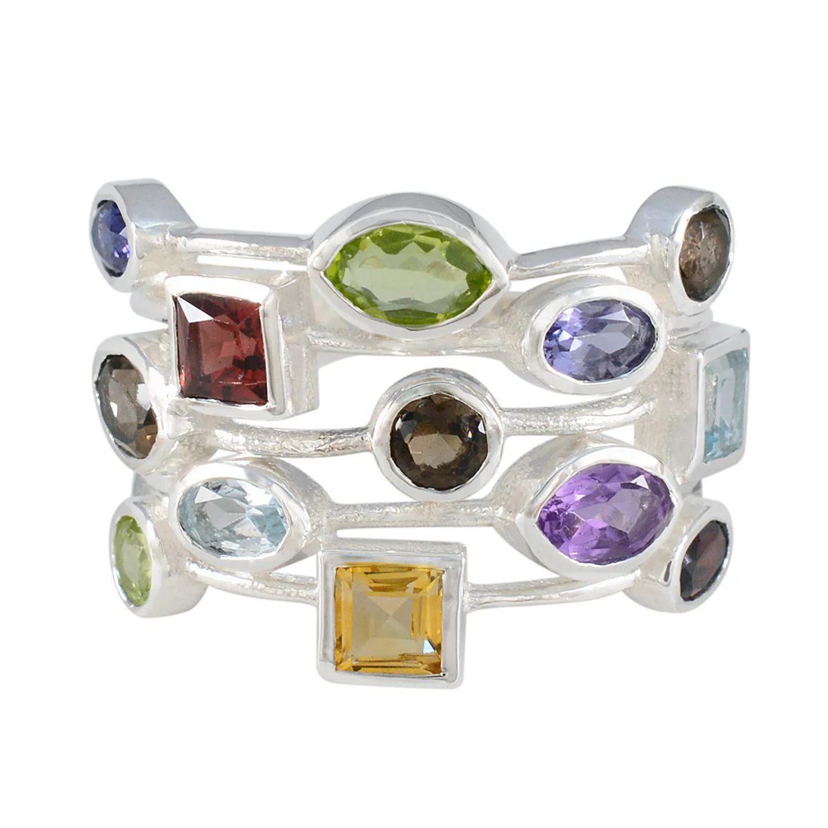 Multi Stone multiple African Silver multicolor Gemstone Eye-catching Cocktail Ring Jewellery