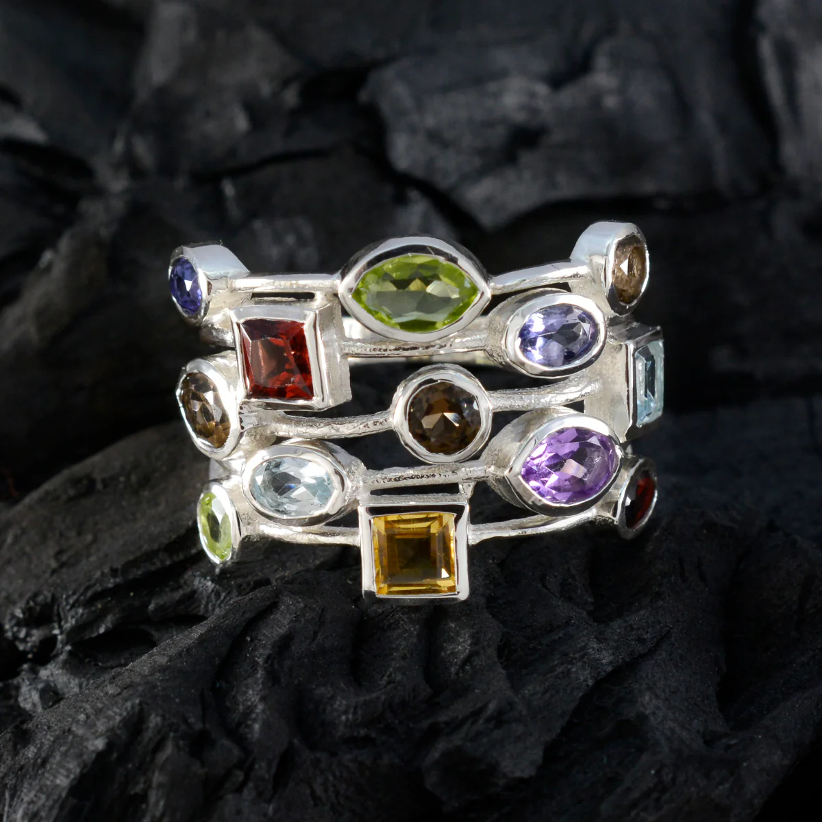 Multi Stone multiple African Silver multicolor Gemstone Eye-catching Cocktail Ring Jewellery - Image 4