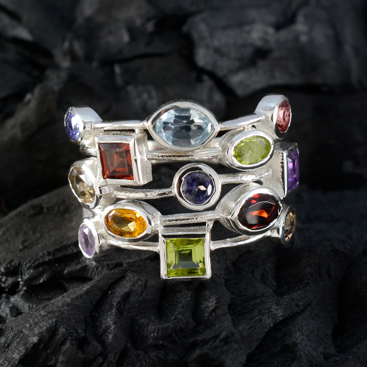 Multi Stone multiple Egyptian 92.5 Silver multicolor Gemstone Eye-catching Cocktail Ring Jewelry - Image 4