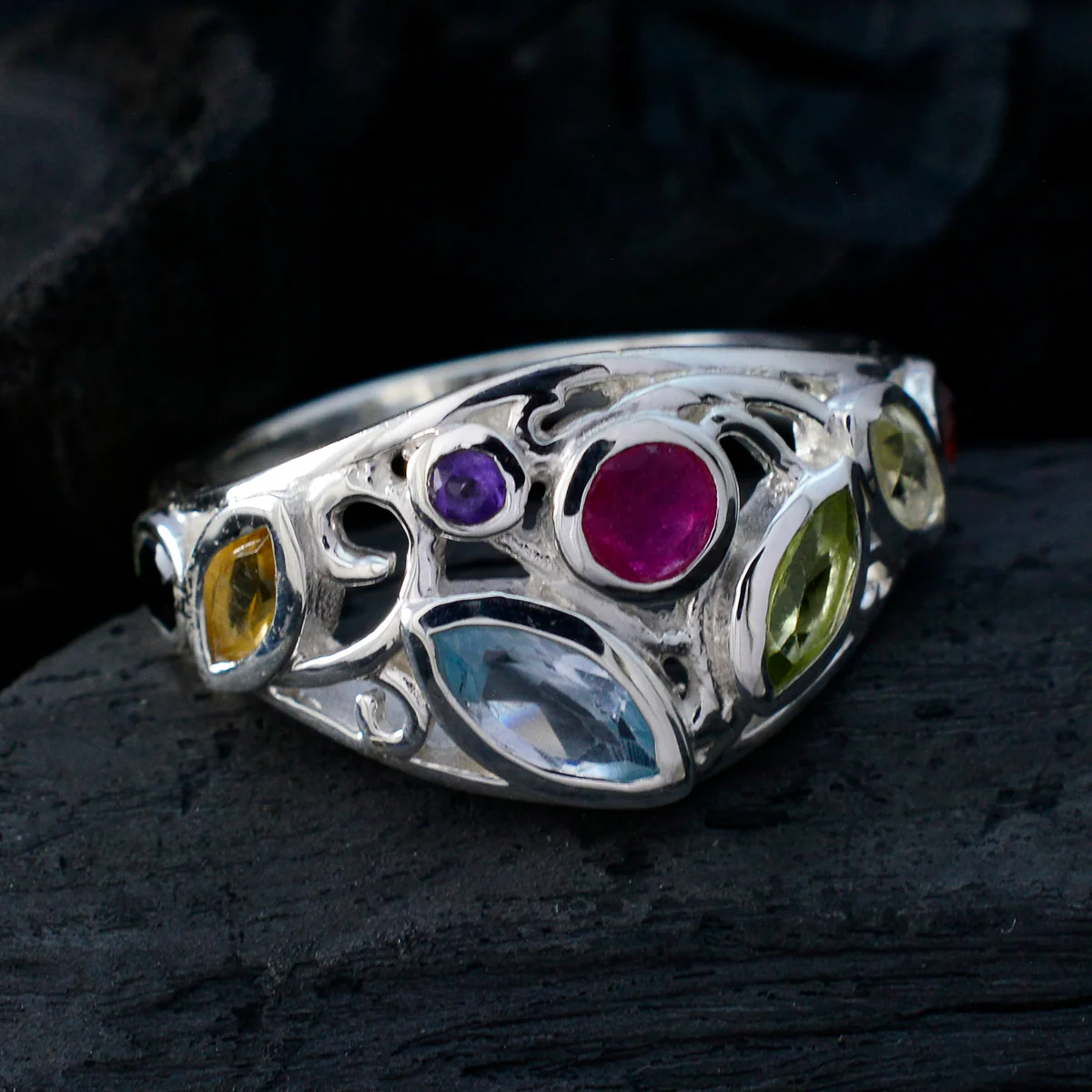 Multi Stone multiple Egyptian 92.5 Silver multicolor Gemstone Minimal Cocktail Ring Jewellery - Image 4