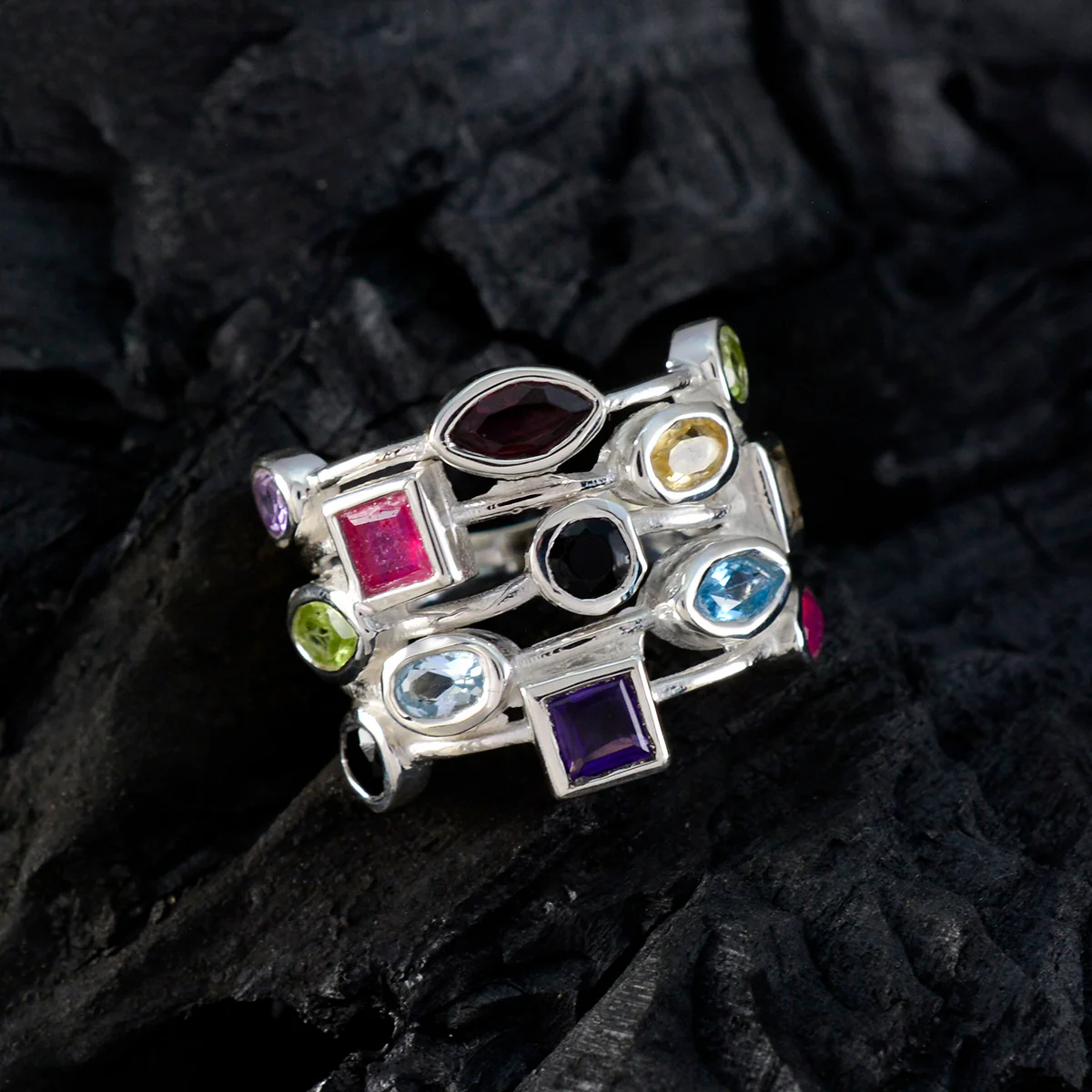 Multi Stone multiple Egyptian Silver multicolor Gemstones Eye-catching Cocktail Ring Jewellery - Image 4