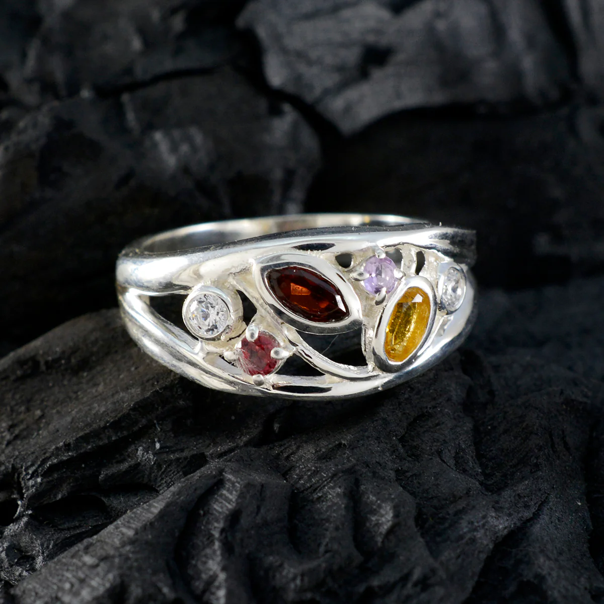 Multi Stone multiple French 92.5 Silver multicolor Gemstone Tiny Glamorous Ring Jewelry - Image 4