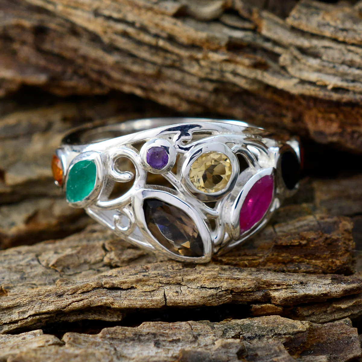 Multi Stone multiple French 925 Sterling Silver multicolor Gemstones Minimal Cocktail Ring Jewelry - Image 3