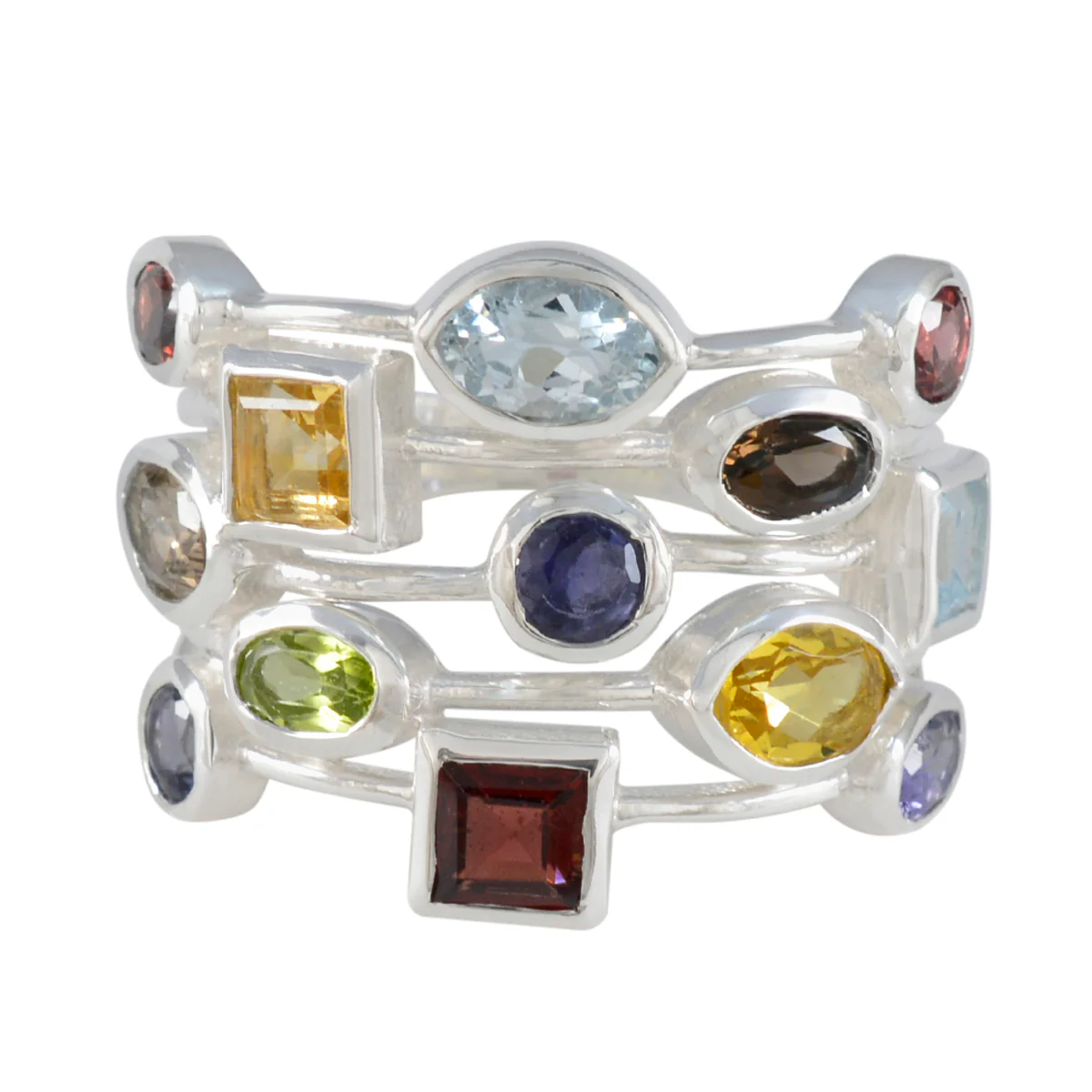 Multi Stone multiple French Sterling Silver multicolor Gems Eye-catching Cocktail Ring Jewelry