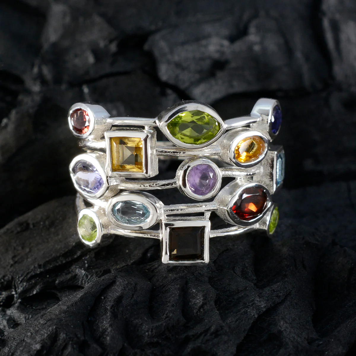 Multi Stone multiple German 925 Silver multicolor Gemstone Eye-catching Cocktail Ring Jewellery - Image 4
