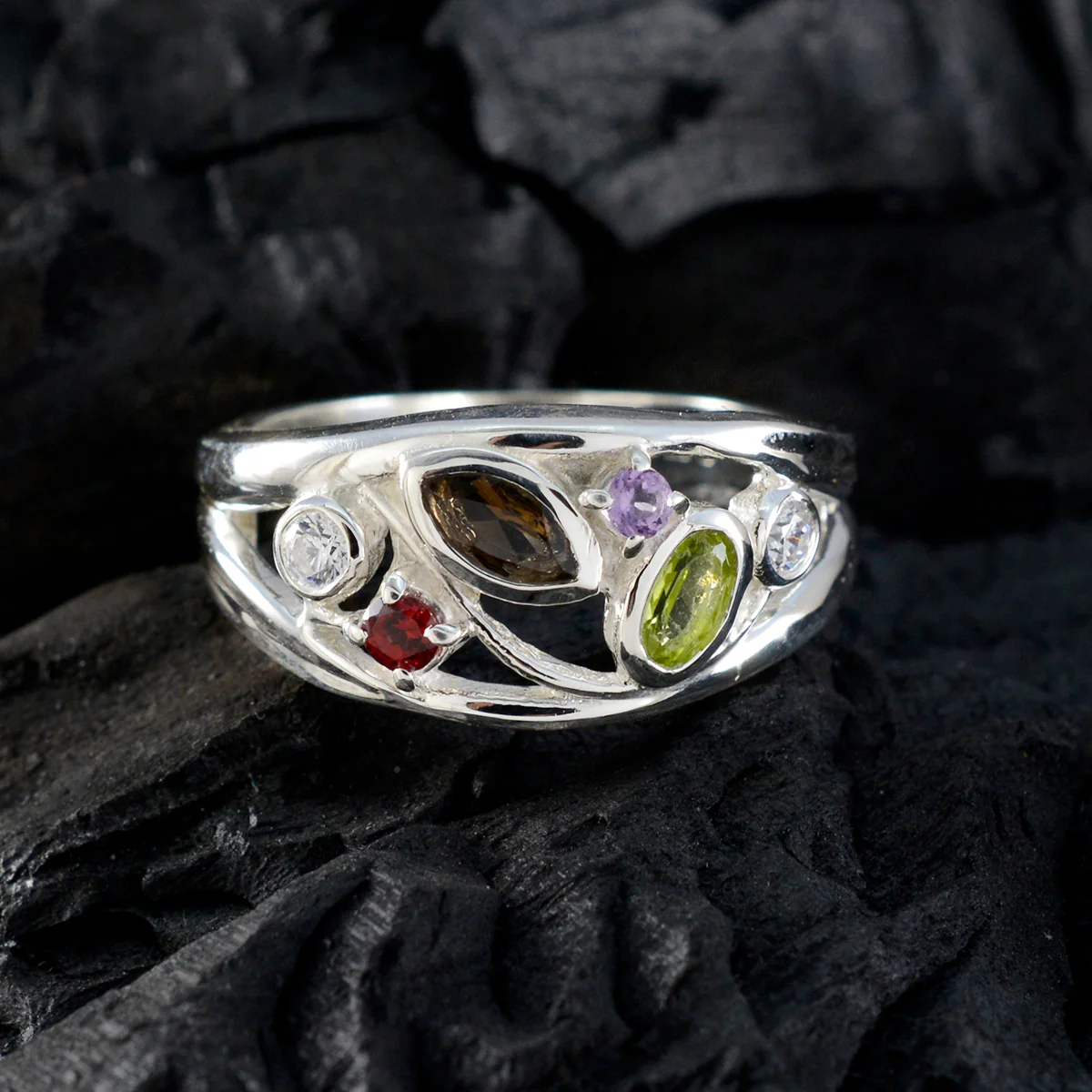 Multi Stone multiple German 925 Sterling Silver multicolor Gemstones Tiny Sophisticated Ring Jewellery - Image 4