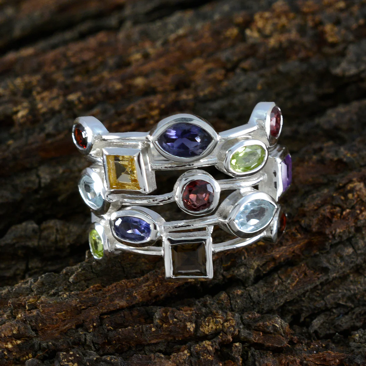 Multi Stone multiple Indian 92.5 Silver multicolor Gemstones Eye-catching Cocktail Ring Jewelry - Image 3