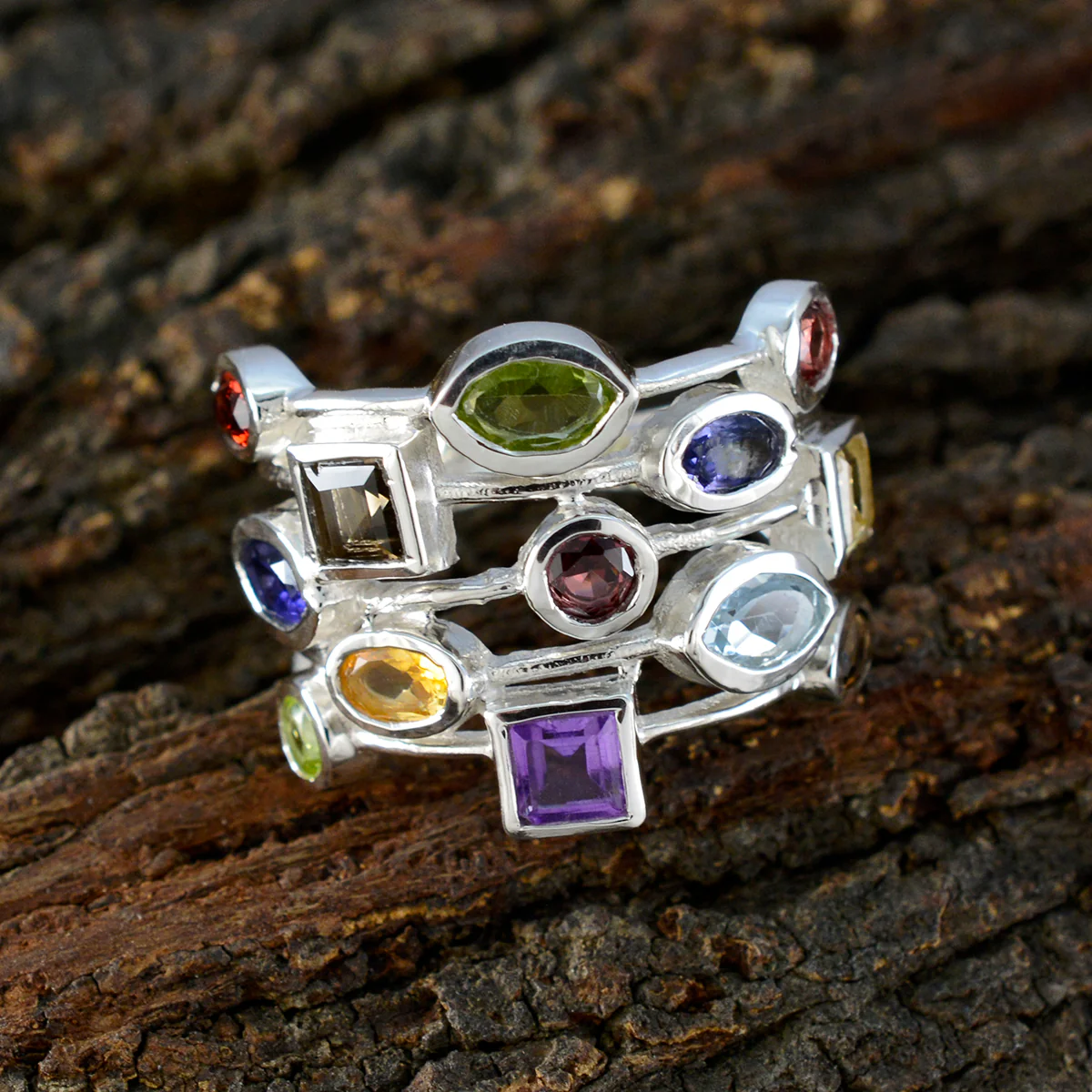 Multi Stone multiple Indian Sterling Silver multicolor Gemstone Eye-catching Cocktail Ring Jewellery - Image 3