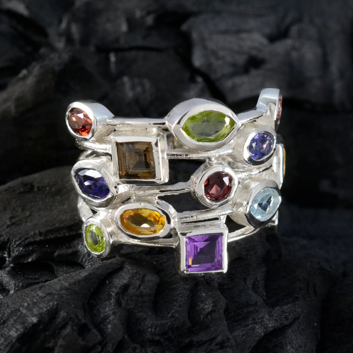 Multi Stone multiple Indian Sterling Silver multicolor Gemstone Eye-catching Cocktail Ring Jewellery - Image 4