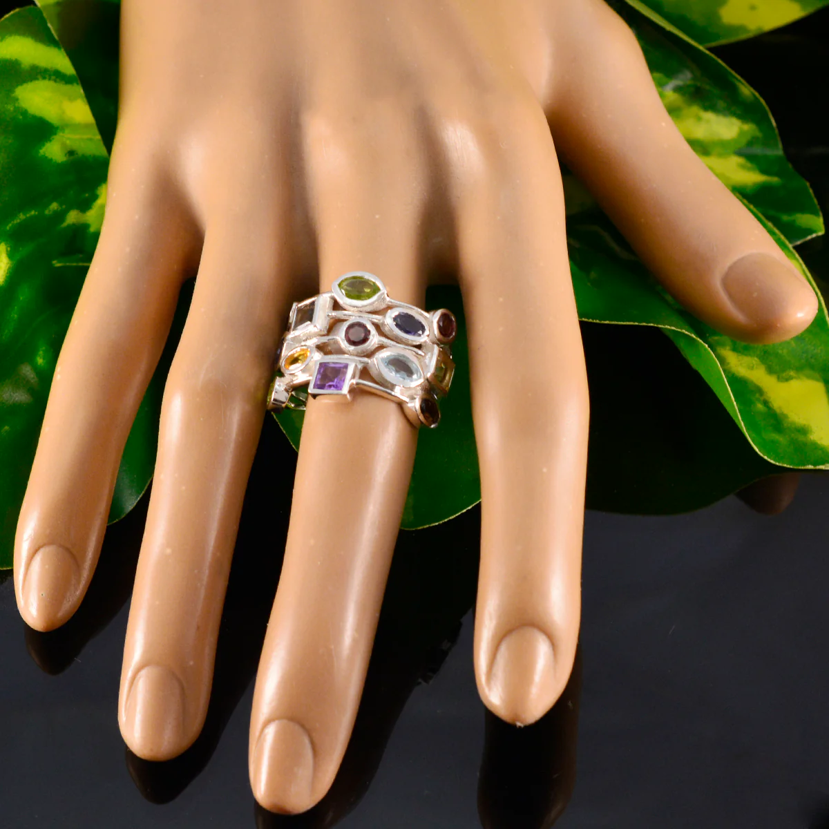 Multi Stone multiple Indian Sterling Silver multicolor Gemstone Eye-catching Cocktail Ring Jewellery - Image 5