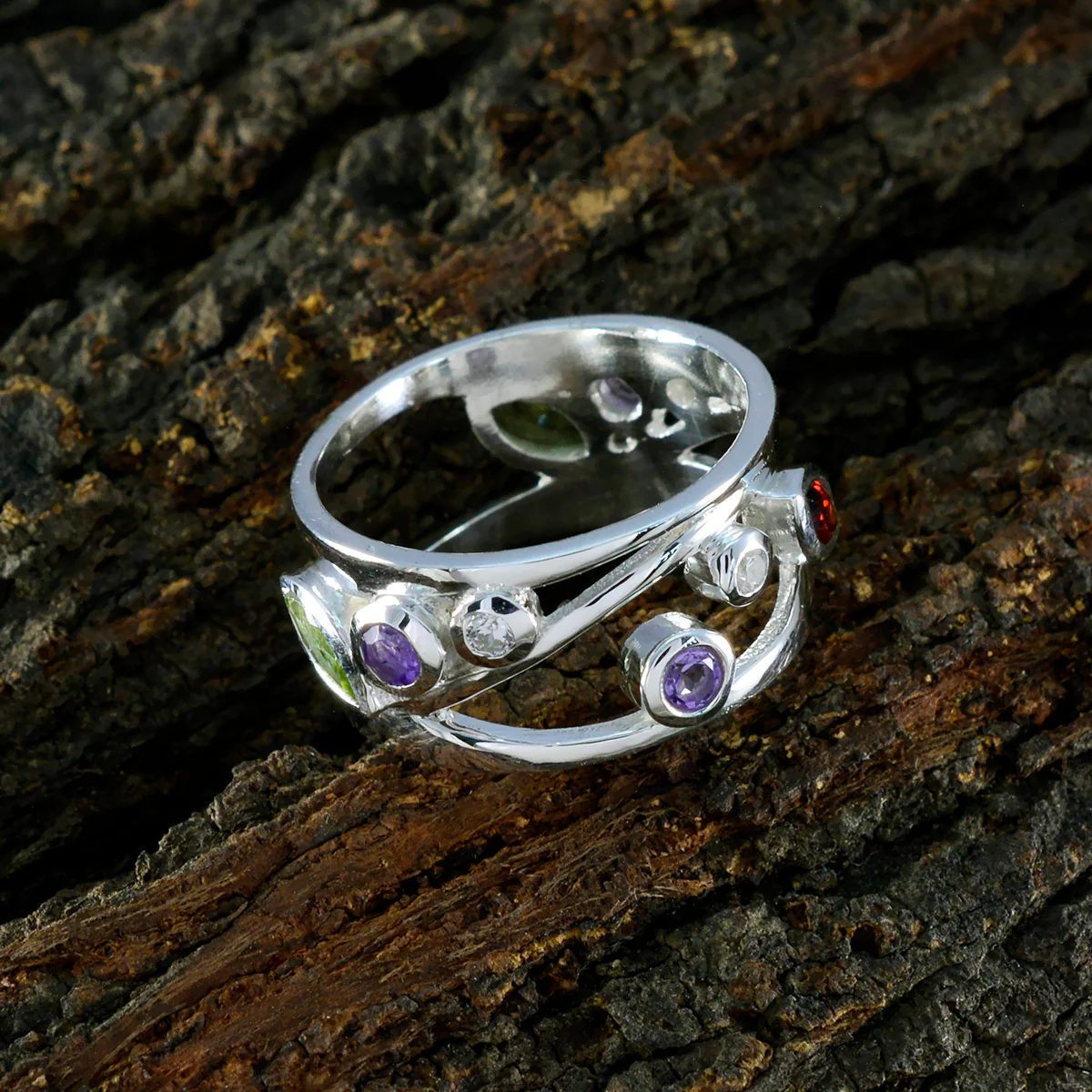 Multi Stone multiple Moroccan Sterling Silver multicolor Gemstones Mid-weight Bubble Band Jewelry - Image 3