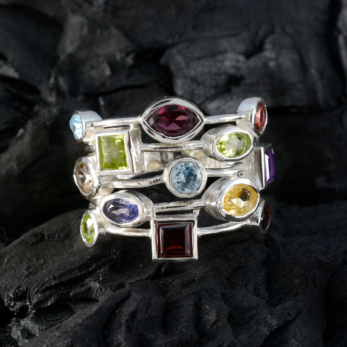 Multi Stone multiple Russian 92.5 Silver multicolor Gems Eye-catching Cocktail Ring Jewellery - Image 4