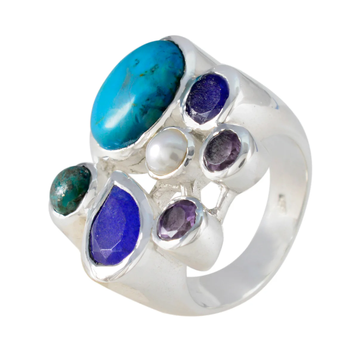 Multi Stone multiple Spanish Sterling Silver multicolor Gems Chunky Cocktail Ring Jewelry - Image 2