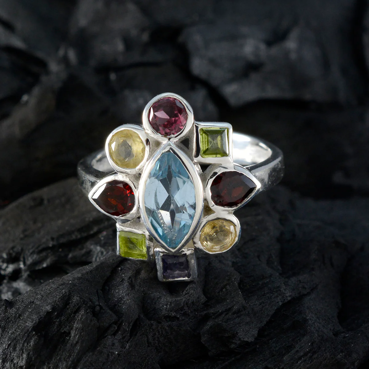 Multi Stone navratna African 92.5 Silver multicolor Gems Eye-catching Cocktail Ring Jewelry - Image 4