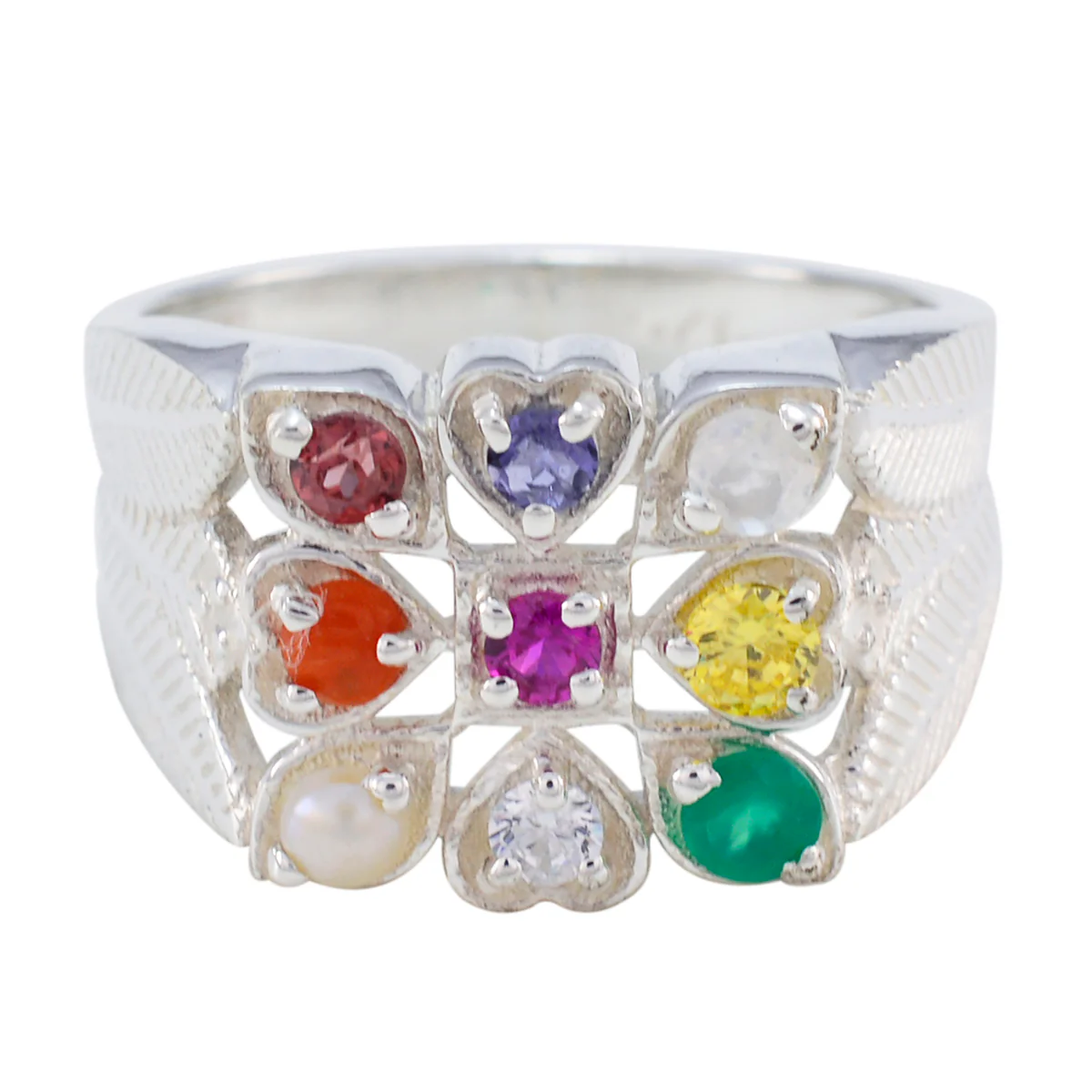 Multi Stone navratna African Silver multicolor Gemstones Mid-weight Traditional Ring Jewelry
