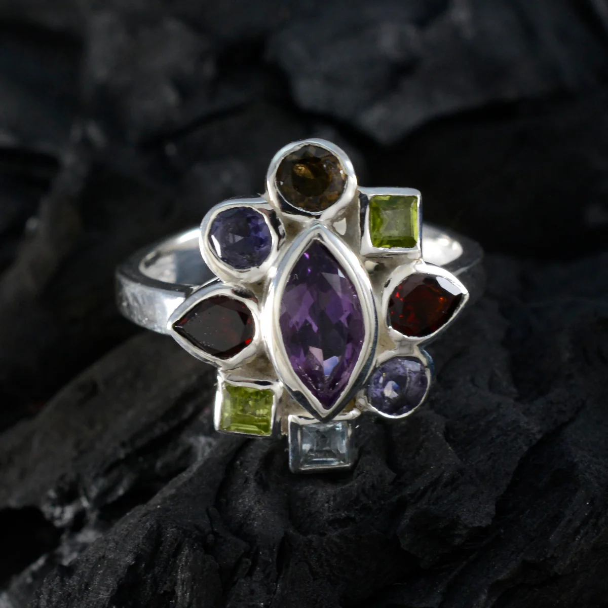 Multi Stone navratna Egyptian Sterling Silver multicolor Gems Eye-catching Cocktail Ring Jewellery - Image 4