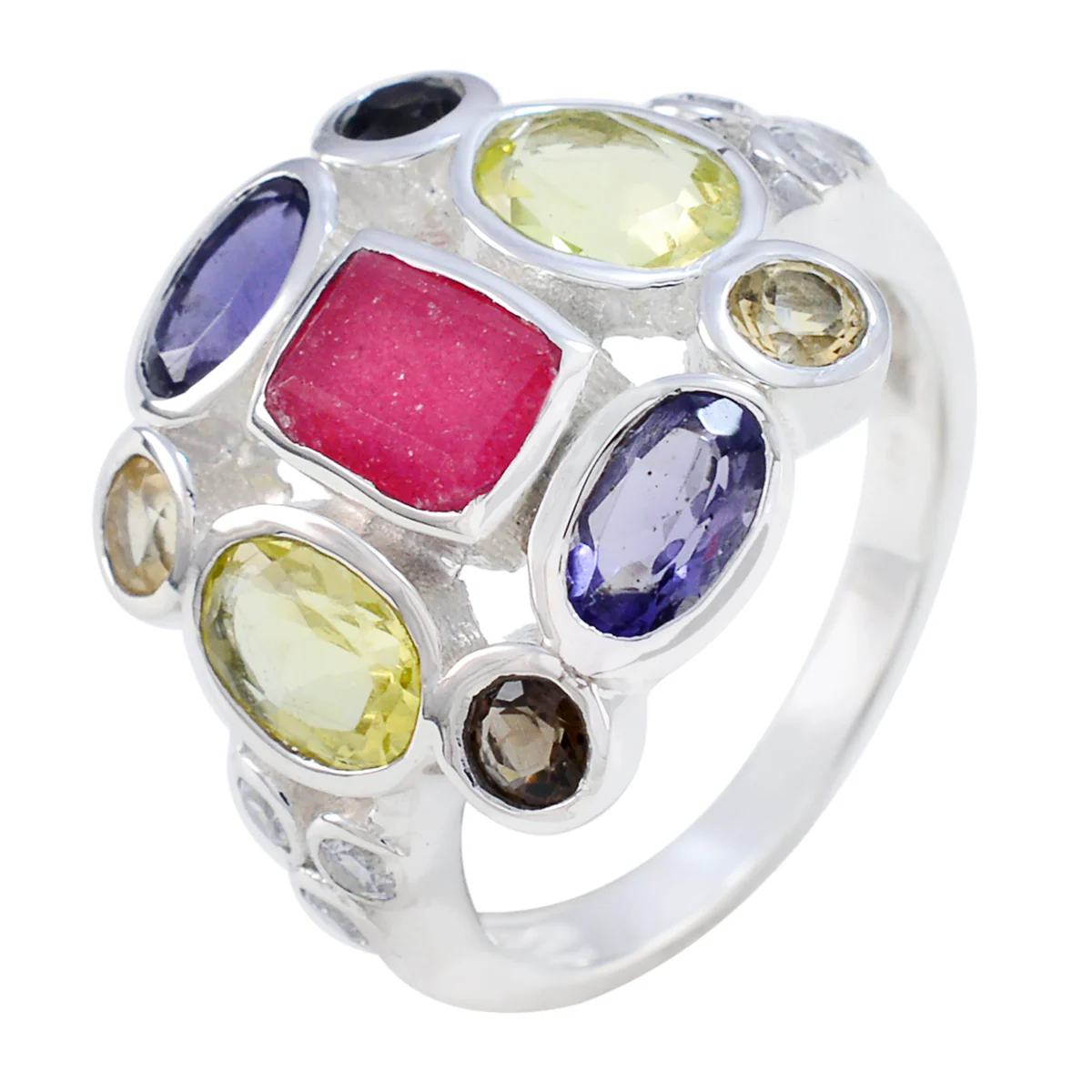 Multi Stone Navratna French 925 Silver multicolor Gemstones Classic Cocktail Ring Jewellery - Image 2