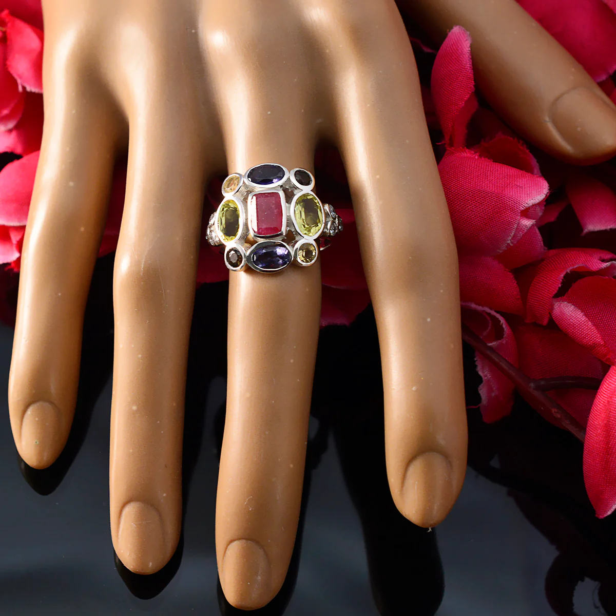 Multi Stone Navratna French 925 Silver multicolor Gemstones Classic Cocktail Ring Jewellery - Image 5