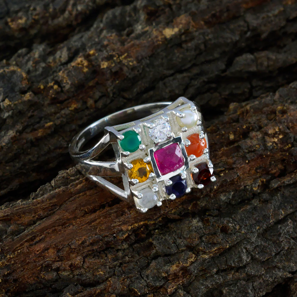 Multi Stone navratna French 925 Silver multicolor Gemstones Slim Ethnic Ring Jewellery - Image 3
