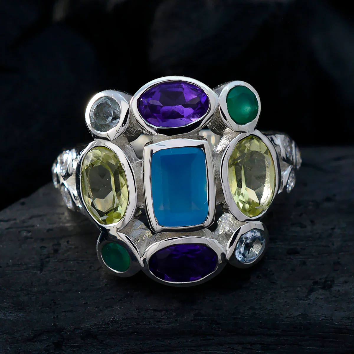 Multi Stone Navratna German 92.5 Silver multicolor Gems Classic Cocktail Ring Jewelry - Image 4