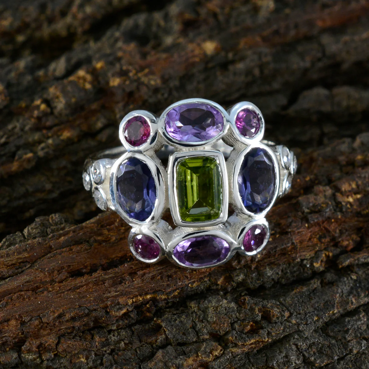 Multi Stone Navratna German Silver multicolor Gemstone Classic Cocktail Ring Jewellery - Image 3