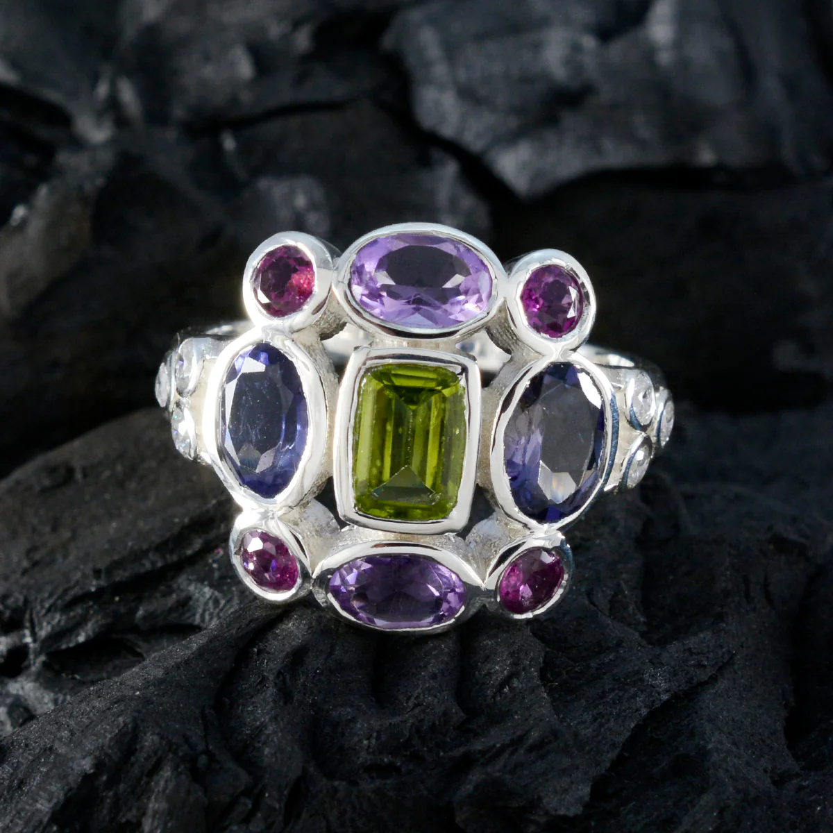 Multi Stone Navratna German Silver multicolor Gemstone Classic Cocktail Ring Jewellery - Image 4