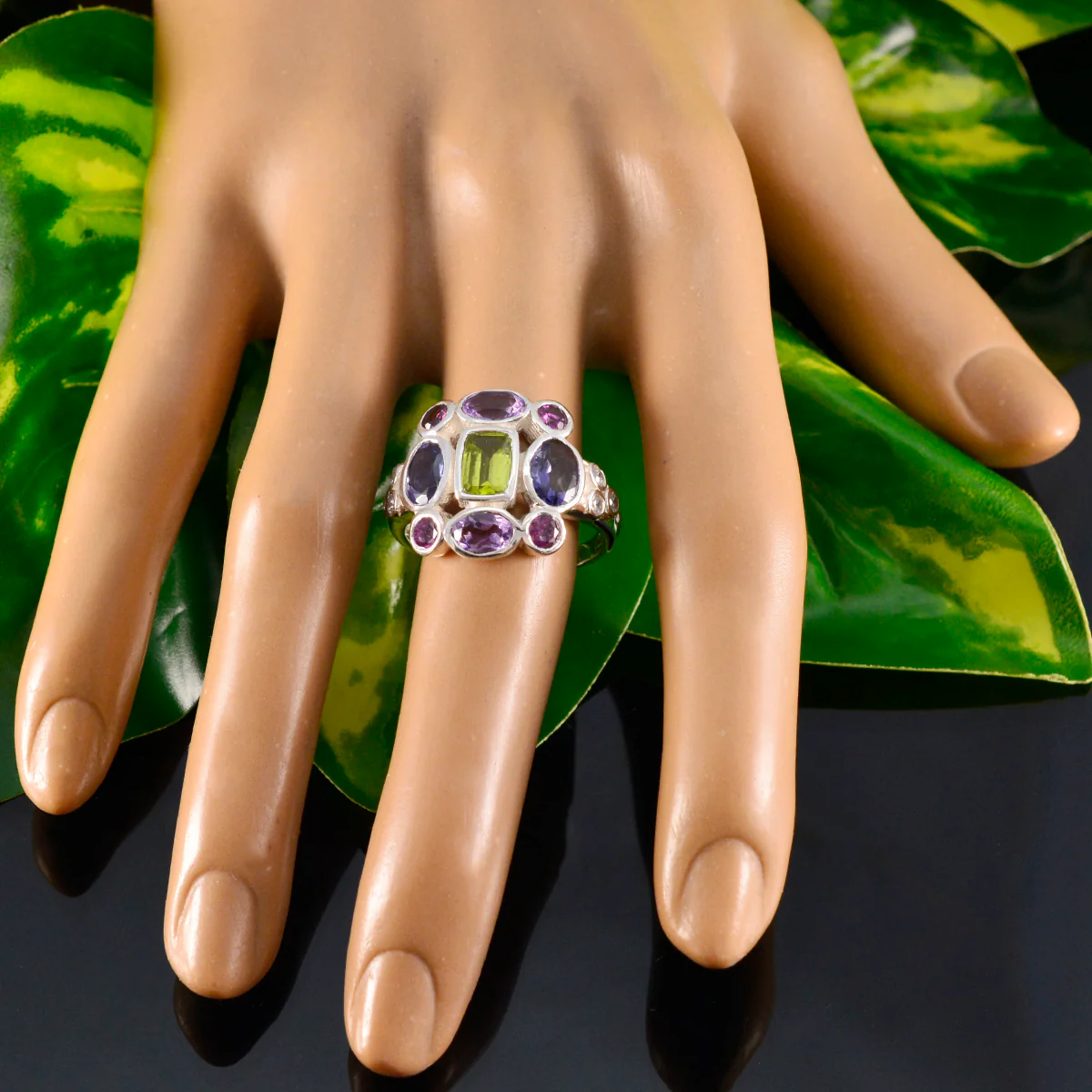 Multi Stone Navratna German Silver multicolor Gemstone Classic Cocktail Ring Jewellery - Image 5