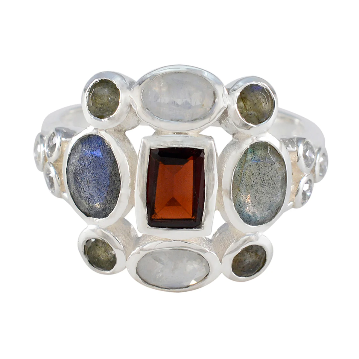 Multi Stone Navratna Indian 925 Silver multicolor Gems Classic Cocktail Ring Jewelry
