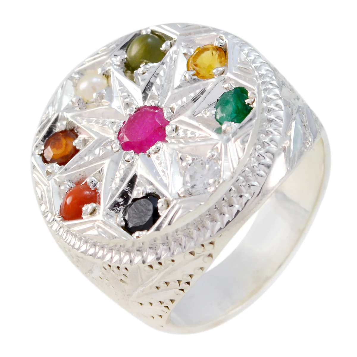 Multi Stone navratna Indian 925 Silver multicolor Gemstone Chunky Cocktail Ring Jewellery - Image 2