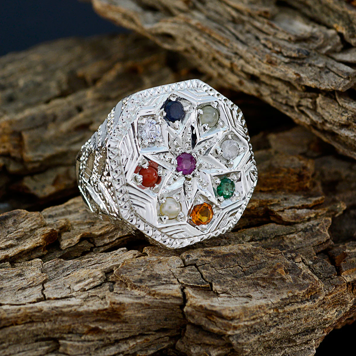 Multi Stone Navratna Indian Silver multicolor Gemstone Chunky Cocktail Ring Jewellery - Image 3