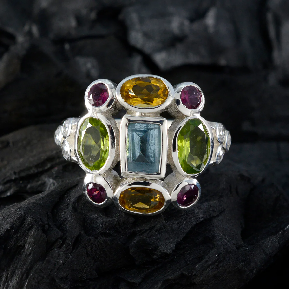Multi Stone Navratna Moroccan Silver multicolor Gems Classic Cocktail Ring Jewellery - Image 4