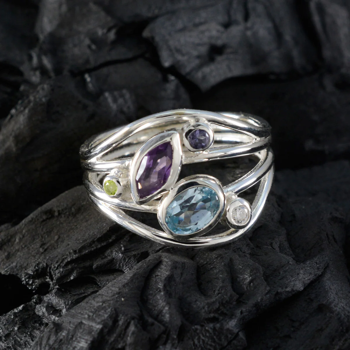 Multi Stone Penta African Silver multicolor Gemstones Eye-catching Trendy Ring Jewelry - Image 4