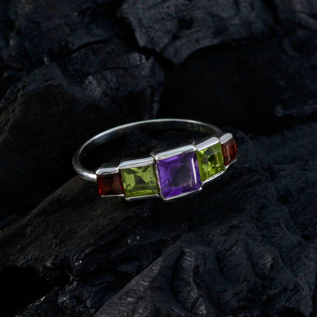 Multi Stone Penta American Silver multicolor Gemstones Delicate Graceful Ring Jewelry - Image 4